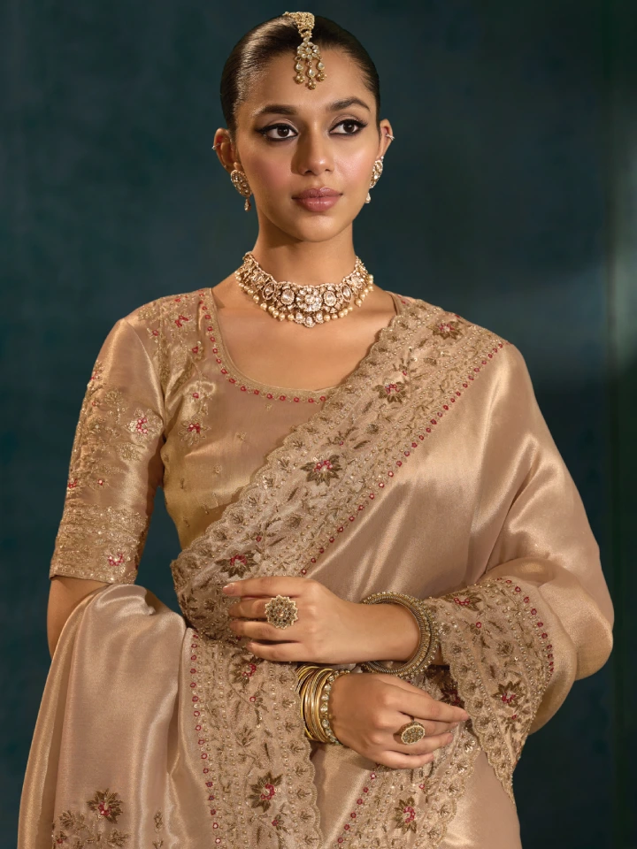 Rajgharanaa golden color party wear saree