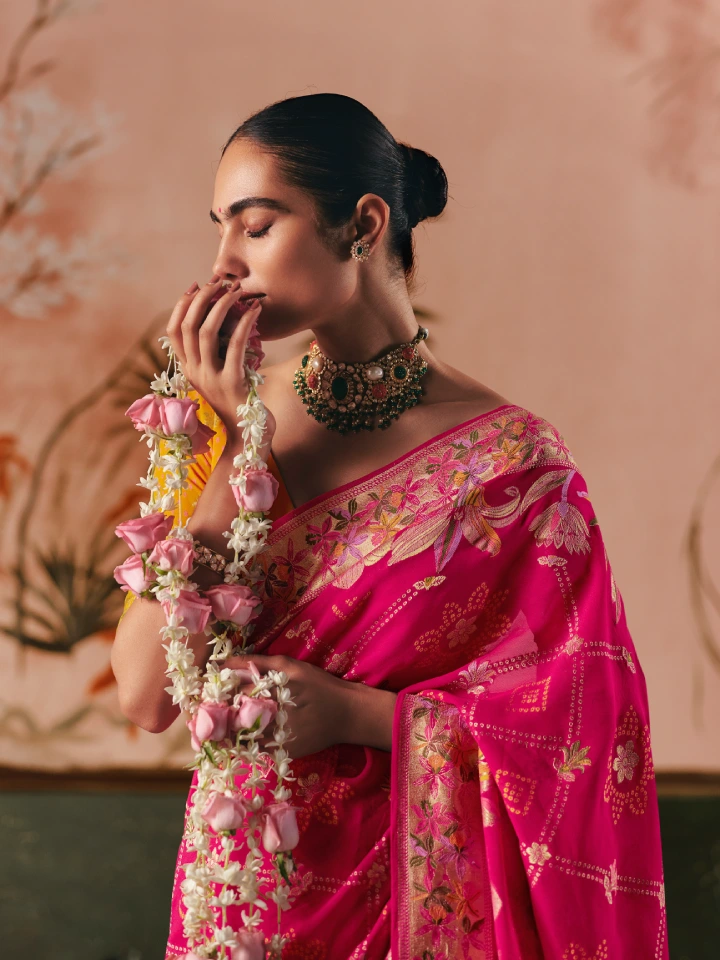 pink saree contrast blouse